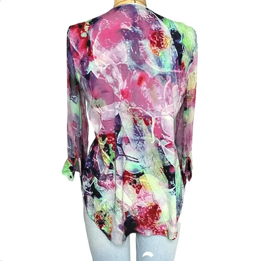 A Common Thread Silk Sheer Multicolor Retro Button‎ Up Blouse Size M - Picture 6 of 8